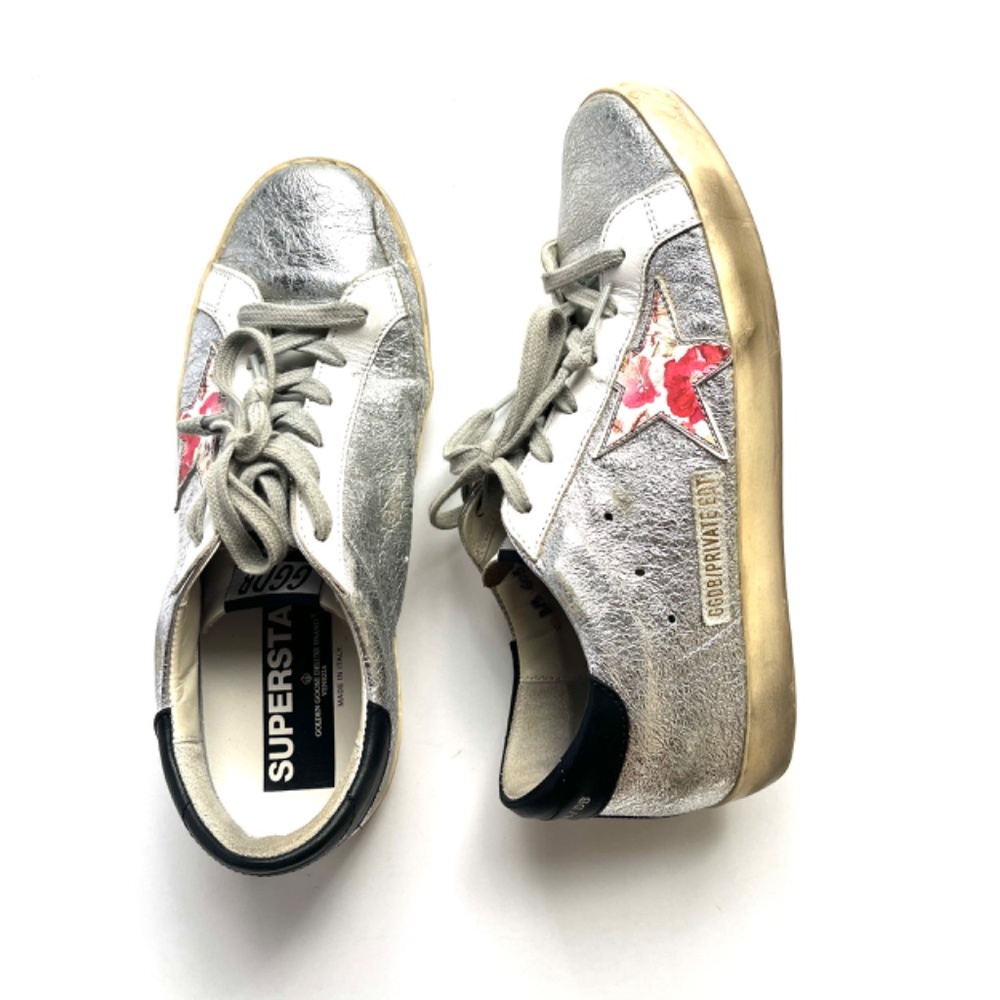 Golden Goose Superstar Silver White Pink Floral Low Top Sneakers 38 8